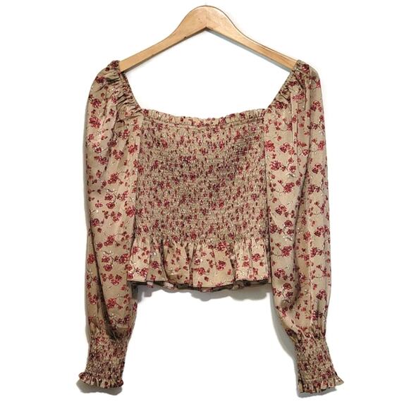 LUSH Floral Peplum Top Smocked Front Square Neckline Long Sleeve Size M - Picture 5 of 11